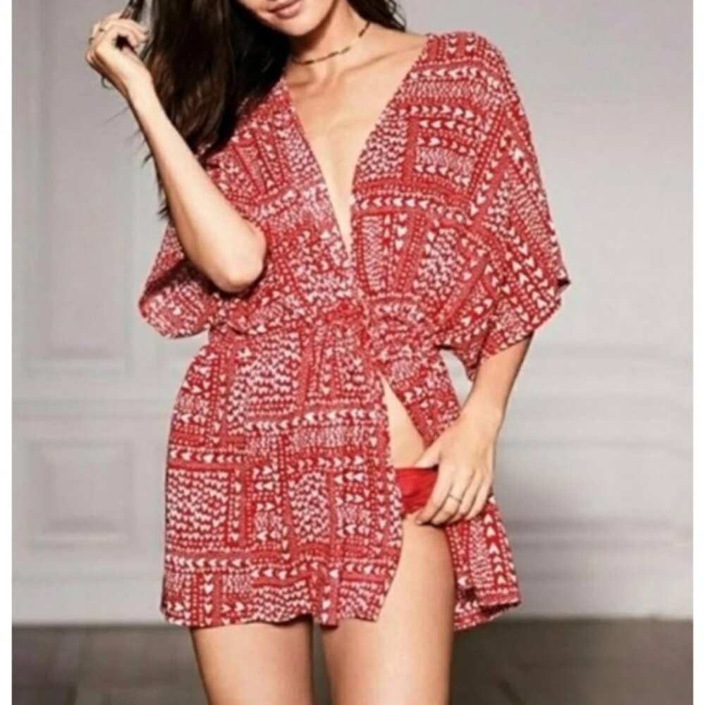 Victoria’s Secret Lightweight Heart Print Cinch Tie Waist Ruana Kimono Size OS